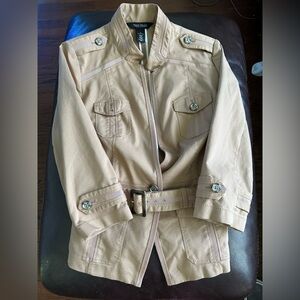 White House Black market tan, belted jacket, three-quarter length sleeve size 4